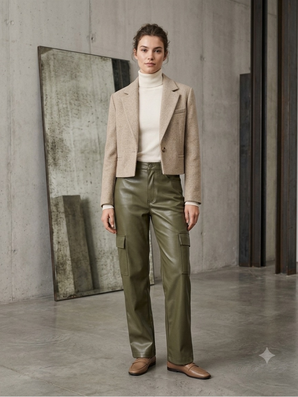 Abercrombie & Fitch Olive Green Faux-Leather Wide Leg Cargo Pants